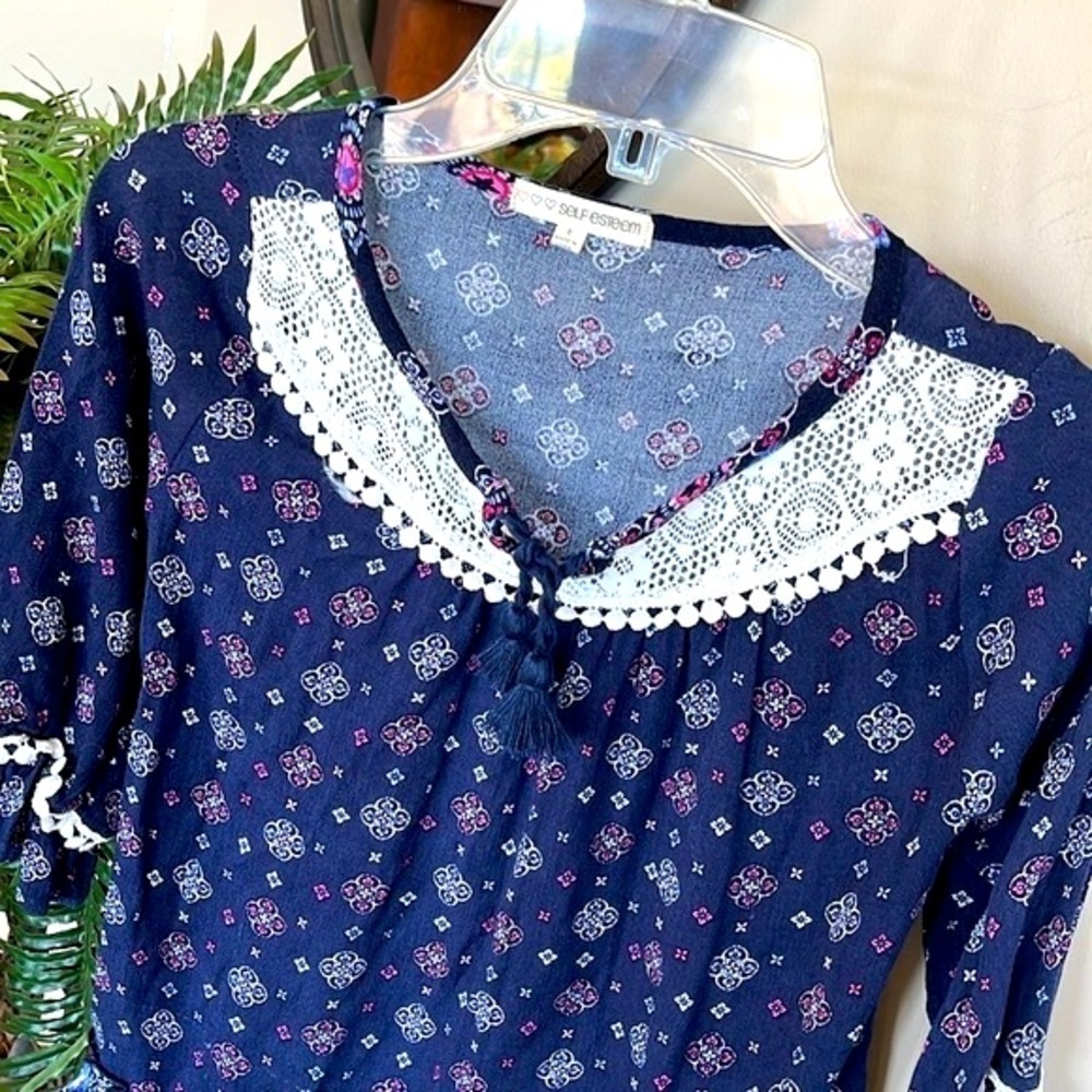 Brand New Self Esteem Blue Peasant Top w/ Lace Accent Ruffle Boho Blouse - Picture 2 of 13